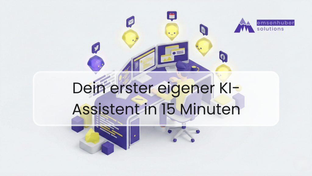 Isometrische 3D-Illustration eines effizienten Arbeitsplatzes: Ein Nutzer am Schreibtisch wird von mehreren spezialisierten KI-Assistenten (Google Gemini Gems) umgeben, die Symbole für E-Mail, Kalender und Social Media halten. Symbolbild für Prozess-Automatisierung und Zeitersparnis im KMU.