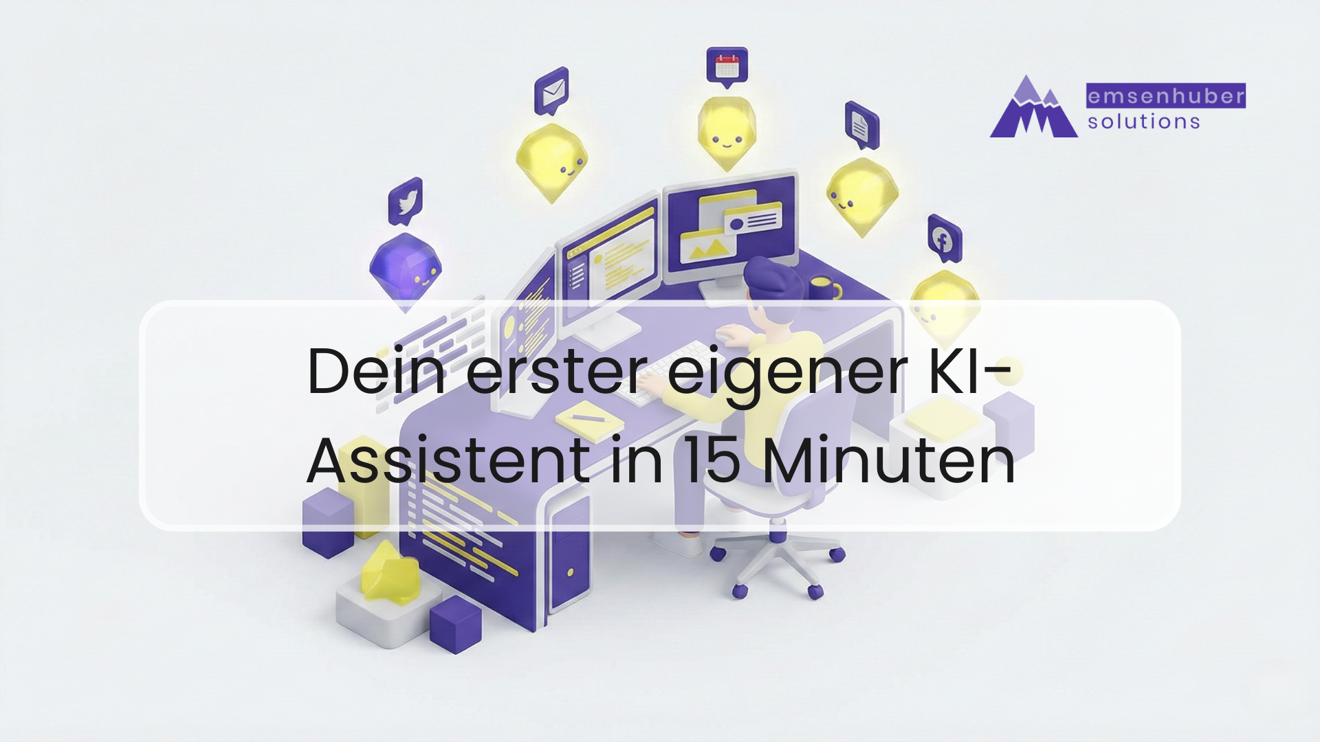 Isometrische 3D-Illustration eines effizienten Arbeitsplatzes: Ein Nutzer am Schreibtisch wird von mehreren spezialisierten KI-Assistenten (Google Gemini Gems) umgeben, die Symbole für E-Mail, Kalender und Social Media halten. Symbolbild für Prozess-Automatisierung und Zeitersparnis im KMU.